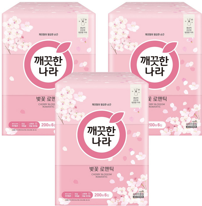 깨끗한나라 벚꽃 로맨틱 미용티슈 2겹, 200매, 18개