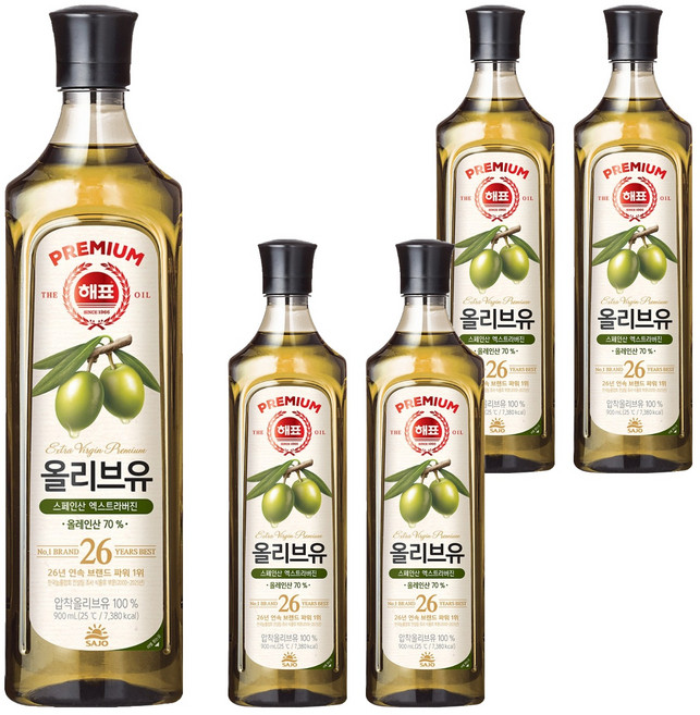 해표 압착 올리브유, 900ml, 5개