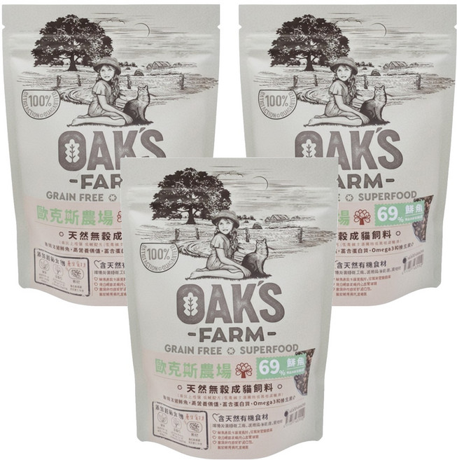 OAK'S FARM 成貓 天然無穀飼料, 鯡魚, 400g, 3袋