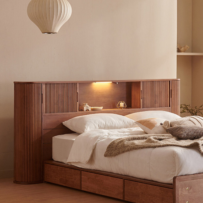 잉글랜더 웨스트 원목 템바보드 LED 수납 침대 프레임 단품, 월넛