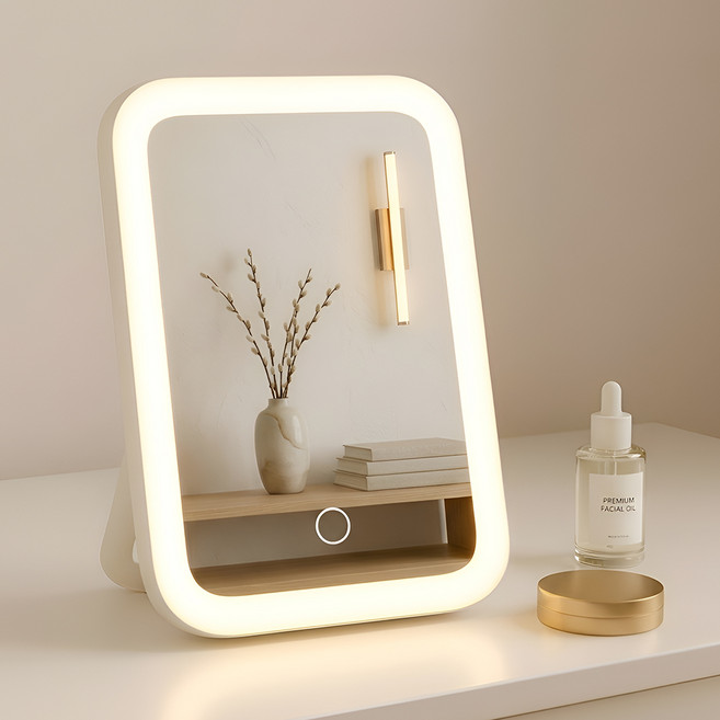 보나리빙 휴대용 접이식 LED 화장 거울 C타입 소형, 화이트