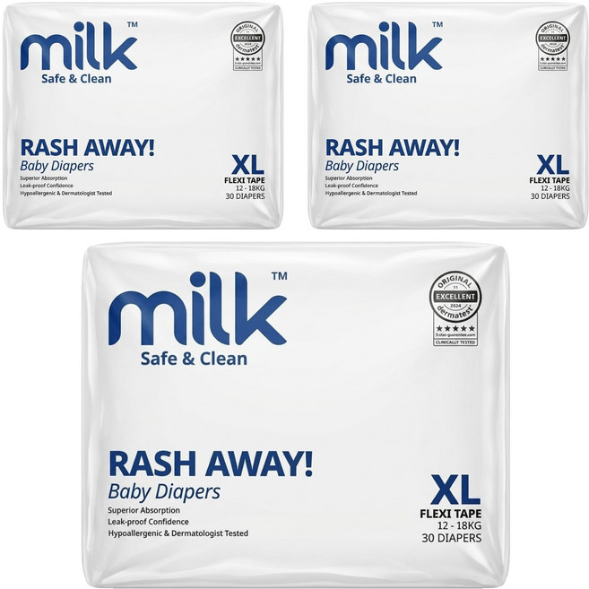 MILK TM 鎖水芯牛奶尿布 黏貼型 12~18kg, 90片, 特大碼 (XL)