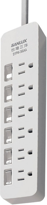 SANLUX 台灣三洋 平貼式安全延長線 3孔6開關6座, 1.8m, 白色, 1條