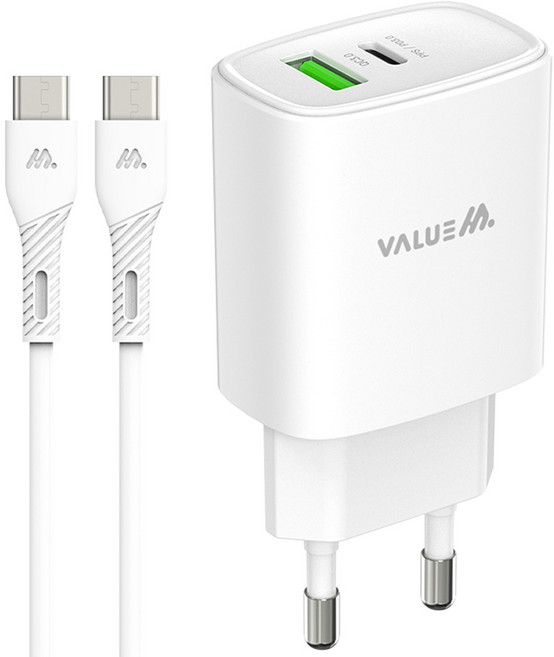 밸류엠 Gan 25W PD + USB-A 2포트 PPS 초고속 멀티 충전기 + C to C 25W 케이블, 화이트, 1세트