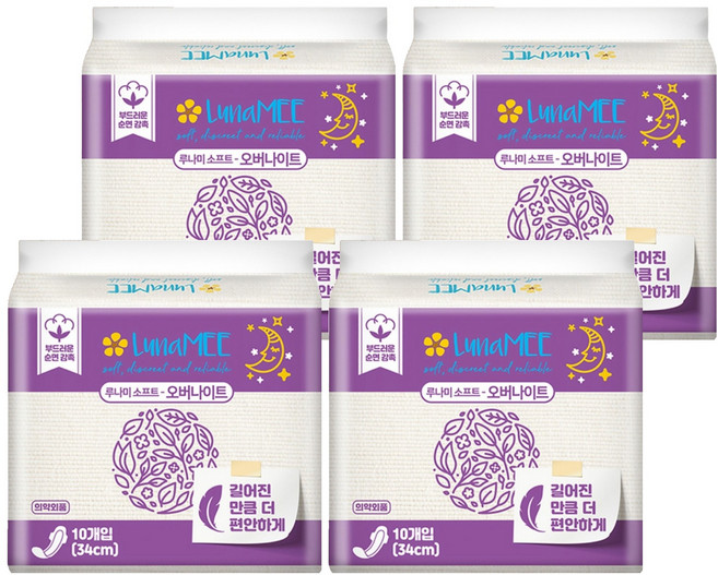 LunaMEE 輕柔夜用衛生棉 蝶翼型, 34cm, 10片, 4包