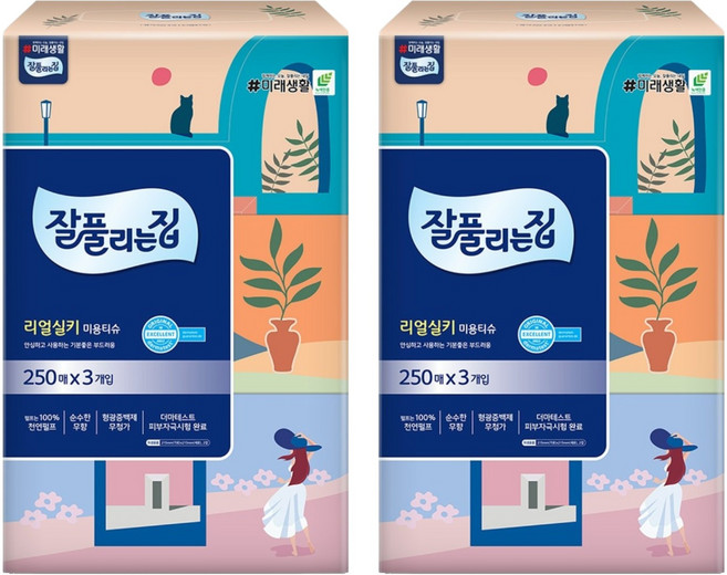 잘풀리는집 리얼실키 천연펄프 미용티슈 2겹, 250매입, 6개