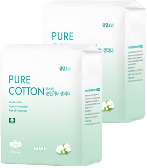 청담소녀 퓨어코튼 순면 생리대 날개형, 2개, 14개입, 대형