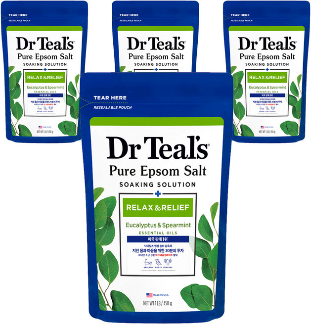 닥터틸즈 퓨어 엡섬솔트 소킹 솔루션 입욕제 유칼립투스 앤 스피아민트, 450g, 4개