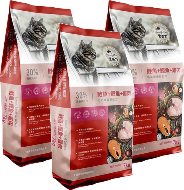 Beautiful Pets 愛美力 全齡貓糧, 7kg, 3袋, 鮭魚 + 鰹魚 + 雞肉