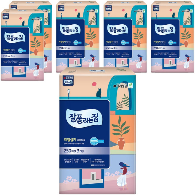 잘풀리는집 리얼실키 천연펄프 미용티슈 2겹, 250매입, 18개