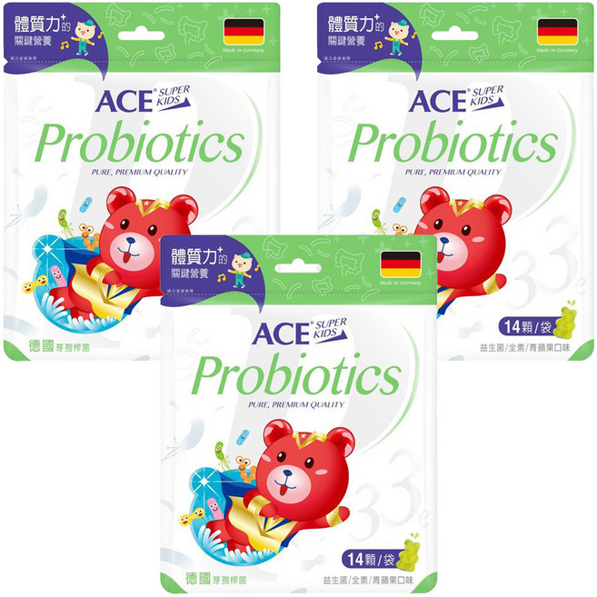 ACE SUPER KIDS 33e 益生菌軟糖 全素, 青蘋果口味, 39.2g, 3袋
