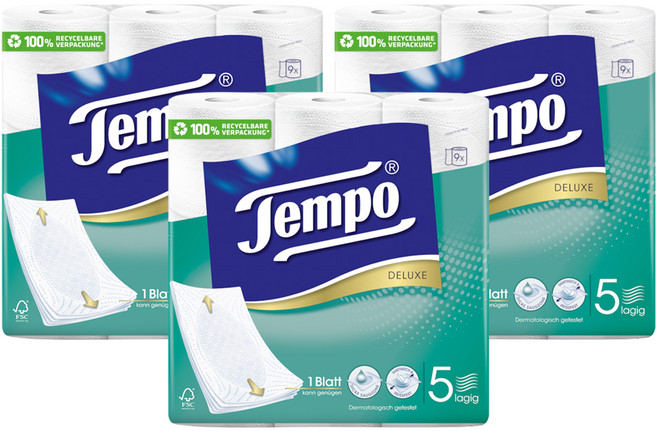 Tempo 천연펄프 5겹 롤화장지, 11m, 9롤, 3개