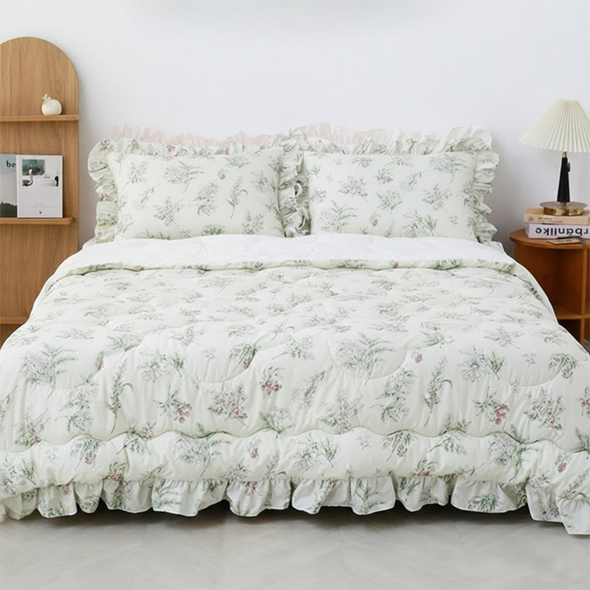 韓國 amante 蜂鳥花園純棉荷葉邊鋪棉被, 米色