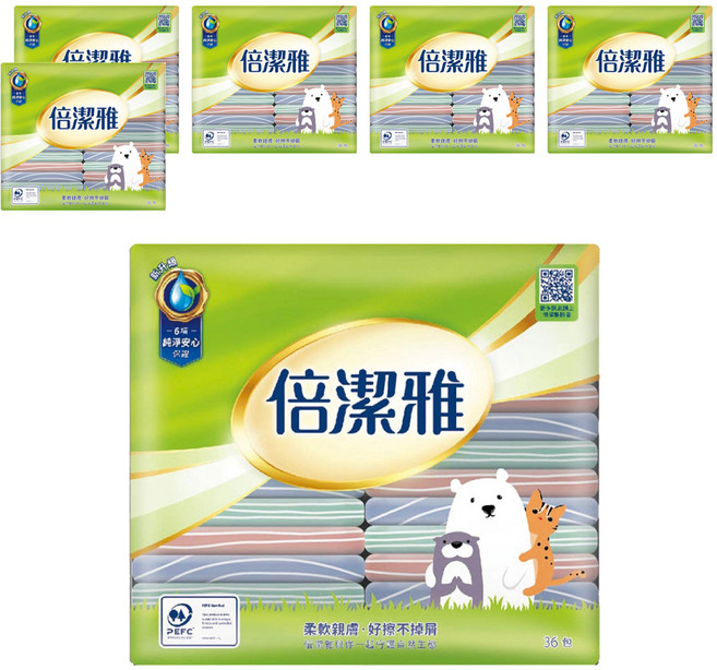 倍潔雅 袖珍包面紙 細柔蝶紋技術 柔軟舒適 吸水性佳 無油墨外袋 環保減碳 五重雜質淨化 10抽(2層) 36包/袋, 36包, 6袋