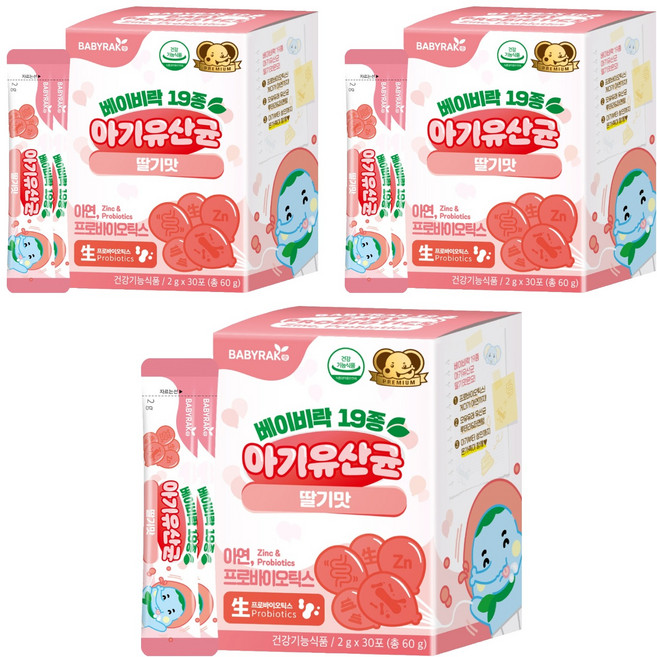 베이비락 유아용 19종 유산균 딸기맛 30p, 60g, 3개