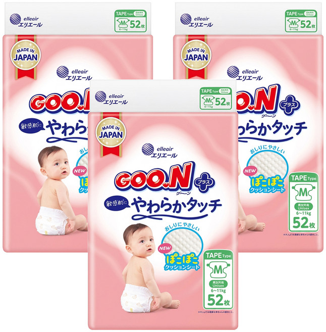 GOO.N 大王 日本境內版 SJ柔觸肌系列 黏貼型尿布 6~11kg, 156片, M