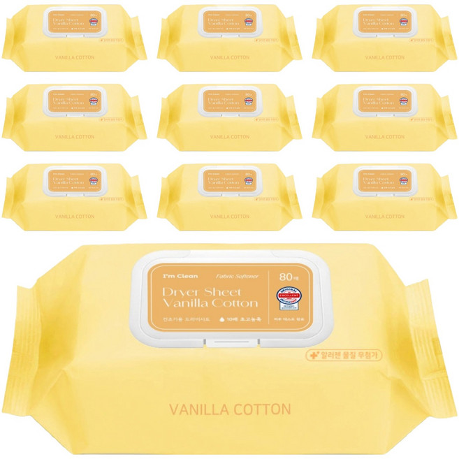 아임클린 건조기 시트 섬유유연제 바닐라코튼향, 80매, 10개