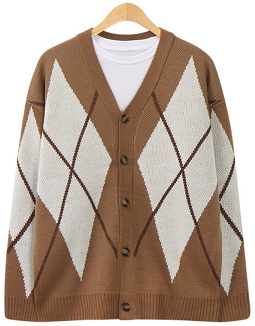 레이먼 남성용 르프 오버핏 아가일 니트가디건