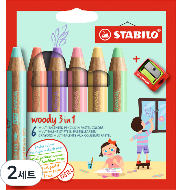 스타빌로 우디 파스텔 6색 색연필 + 샤프너 세트, 2세트
