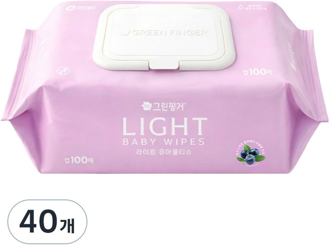 그린핑거 유아용 라이트 물티슈 캡형, 40개, 100매, 37g