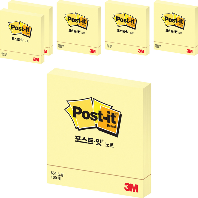 포스트잇 노트 접착메모지 654, 노랑, 100매, 6개