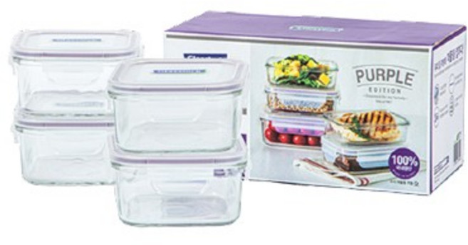 Glasslock 紫色系列 方型保鮮盒套裝, 4組, 容器 + 蓋子