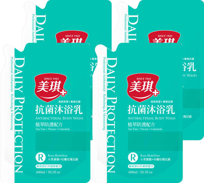 美琪 抗菌沐浴乳補充包 植物防護配方 添加茶樹、百里香和金盞菊精華 含歐洲有機玫瑰花露, 600ml, 4包