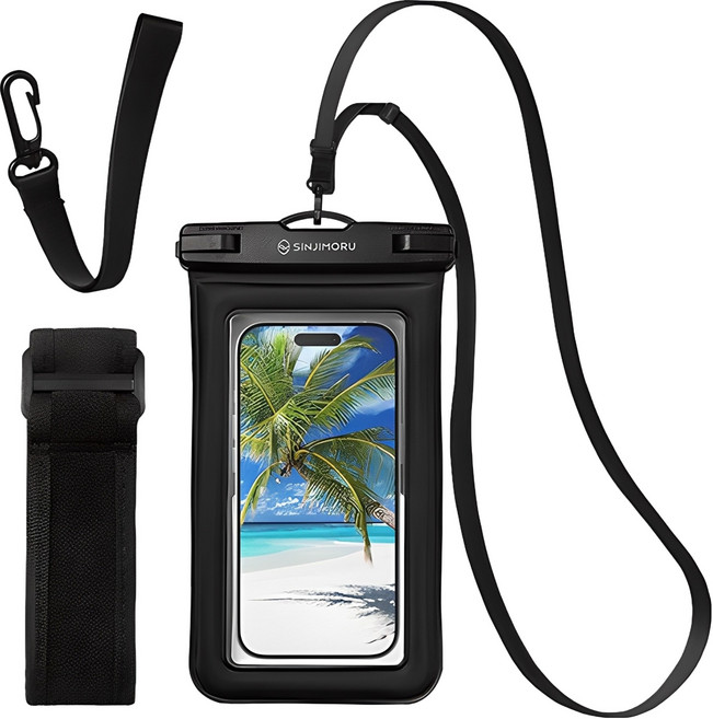 신지모루 IPX8스펀지 튜브 4중잠금 스마트폰 방수팩+ 크로스 스트랩 + 암밴드 + 핸드 스트랩, 블랙, 1세트