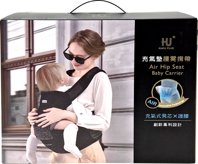 KU.KU Duckbill 酷咕鴨 KUKU PLUS 充氣墊腰凳揹帶 + 3個口水巾 0~36個月 15kg以下 833g, 俐落黑