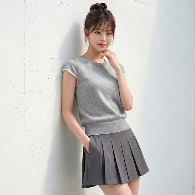 페이퍼먼츠 여성용 밀로 라운드넥 백 버튼 반팔 니트 14481