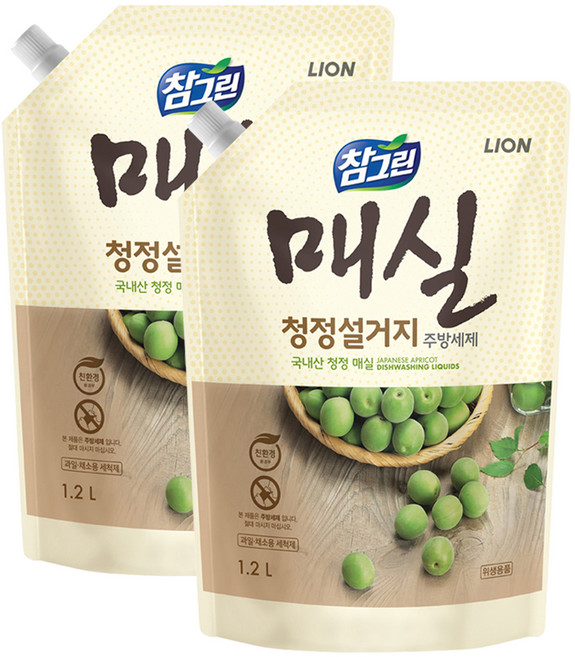 참그린 매실 청정설거지 주방세제 리필, 1.2L, 2개