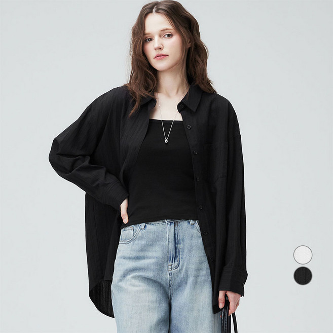 ELLEPARIS 여성용 레이스 시어서커 루즈핏 긴소매 셔츠