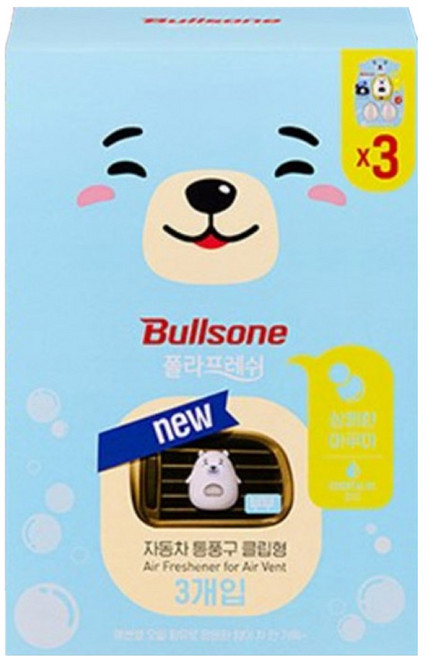 불스원 폴라프레쉬 통풍구 클립형 캐릭터 차량용방향제 부부 3p, 1개, 아쿠아향