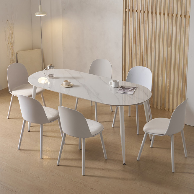 파로마 루미 1800 세라믹 식탁 + 의자 6P 세트 6인용 방문설치, 화이트(식탁), 아이보리(의자)