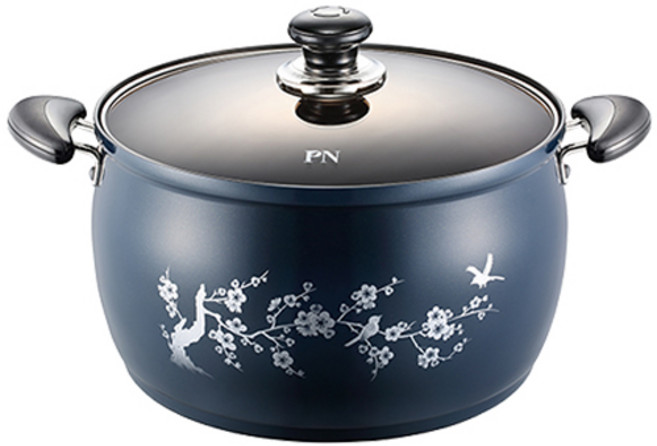 PNPOONGNYUN Fosya花朵印花雙耳湯鍋+鍋蓋, 海軍藍, 28cm
