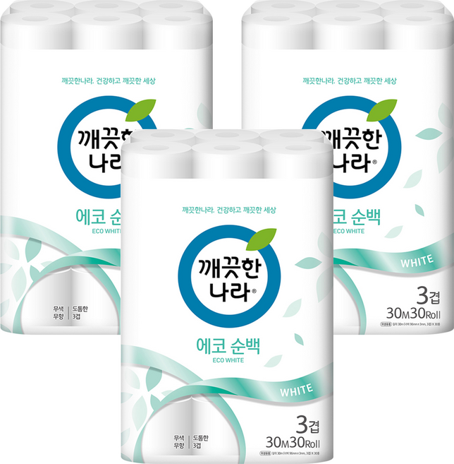 깨끗한나라 에코순백 3겹 롤화장지, 30m, 30롤, 3개