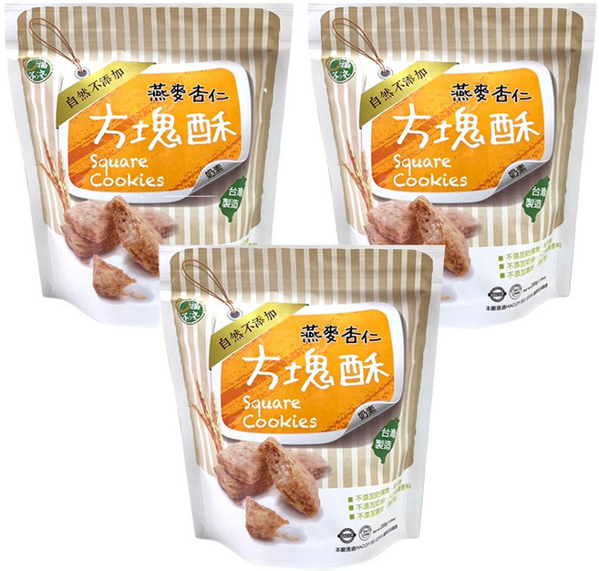 口福不淺 無蛋方塊酥 燕麥杏仁 全穀燕麥製成點心, 200g, 3包