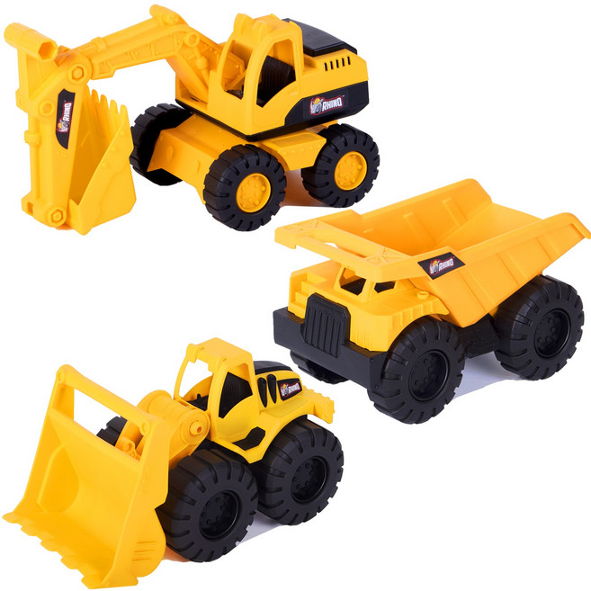 Buchuca Rhino Sand Play 中型叉車 + 自卸車 + 推土機重型設備玩具套裝, 黃色 黑色