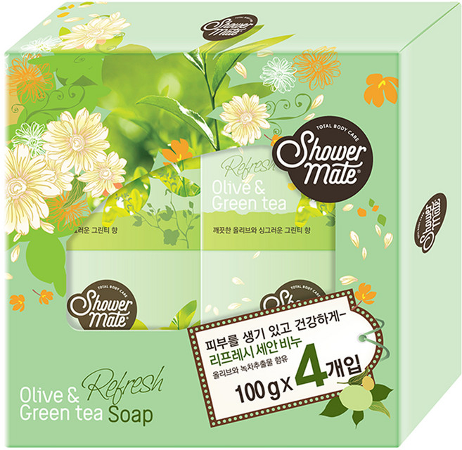 샤워메이트 올리브 & 그린티 세안 비누, 100g, 4개입