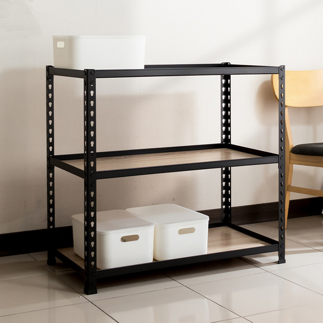 AMOS 亞摩斯 免螺絲角鋼木板貨架, 黑色, 3層