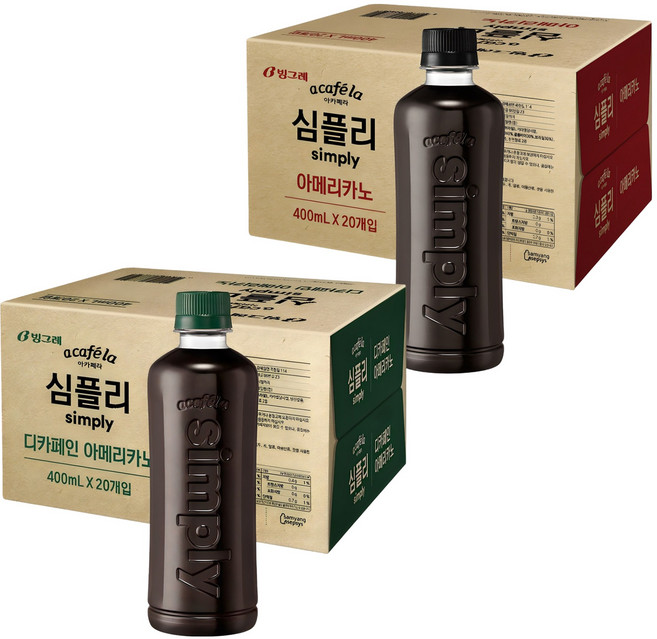 아카페라 심플리 무라벨 아메리카노 400ml 20p + 디카페인 아메리카노 400ml 20p, 8L, 2박스