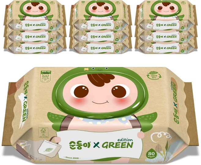 순둥이 그린 에디션 유아물티슈 캡형 55평량, 55g, 80매, 1개 - 쿠팡