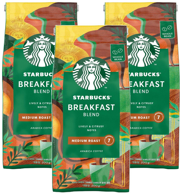 STARBUCKS 星巴克 早餐綜閤中度烘焙咖啡原豆, 原豆(未研磨), 200g, 3個