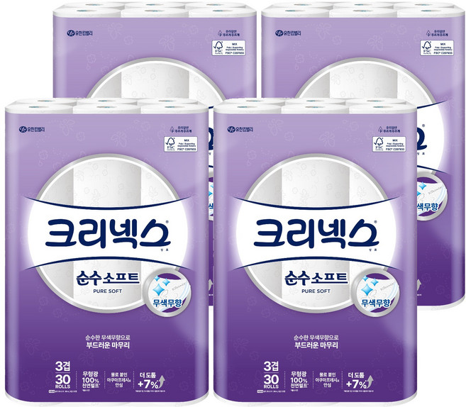 크리넥스 3겹 순수 소프트 천연펄프 롤화장지, 30m, 30개입, 4개