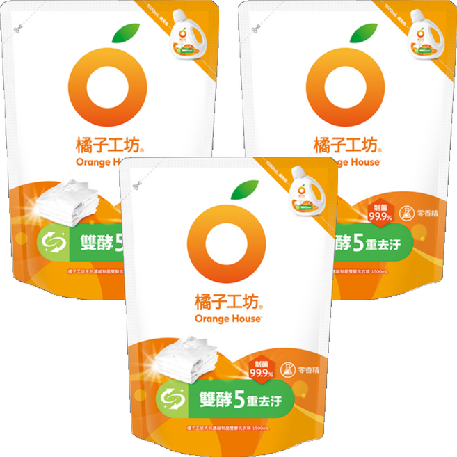 Orange House 橘子工坊 天然濃縮制菌雙酵洗衣精 補充包, 1.5L, 3包
