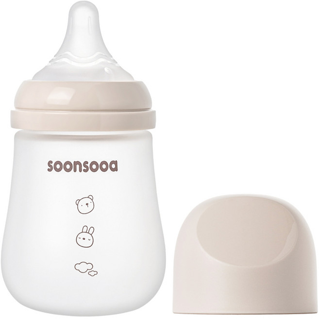 순수아 실리콘 코팅 유리 젖병 + 젖꼭지 S 2p 세트, 베이지(젖병), 1세트, 160ml