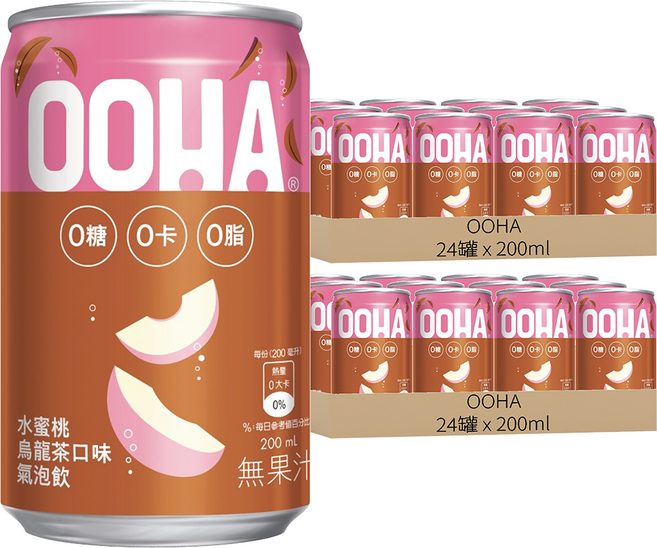 OOHA 氣泡飲 水蜜桃烏龍茶 迷你罐, 200ml, 48罐