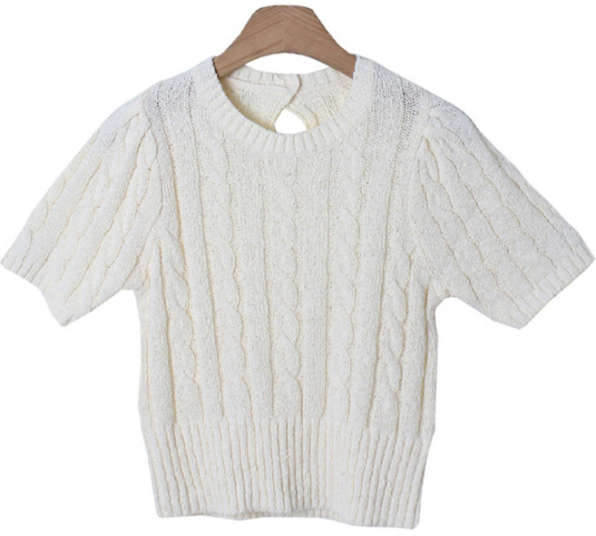 시크블랙 여성용 라이찬 퍼프 꽈배기 라운드넥 반팔 니트 cpnt4532k34