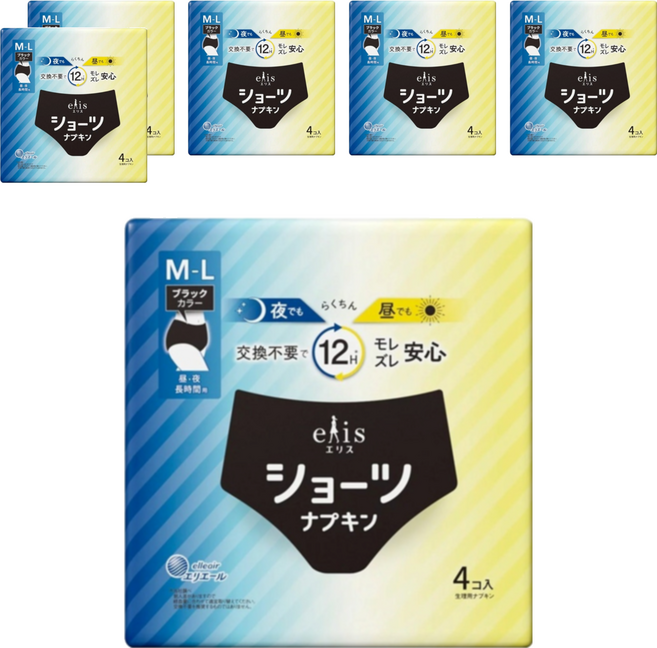elleair 艾黎艾爾 elis 愛麗思 日本原裝進口 黑色安睡褲 晝夜長時間不側漏, M~L, 4片, 6組