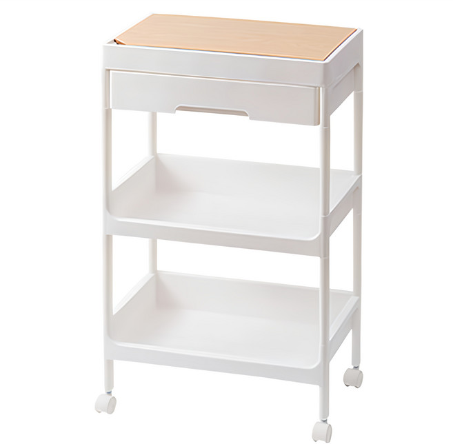 日式落地置物推車 三層 帶蓋 + 滑輪 + 抽屜, 白色, 3層